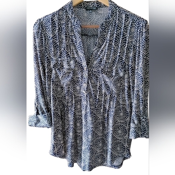 Ava & Grace Tops - Ava & Grace Navy with Tan Dots 3/4 button down Blouse Sz PS